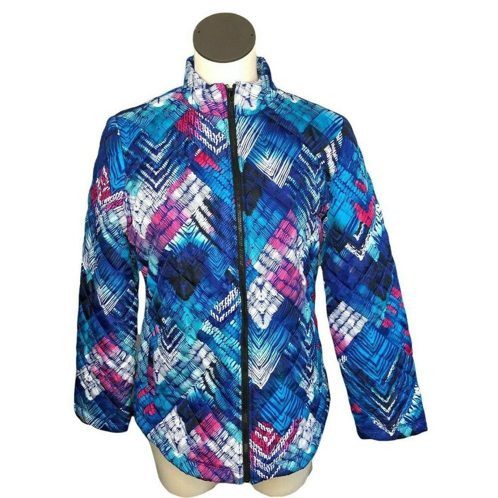 ChicWeekends by Chico's Womens 1 Jacket Coat Quilted Geometric Pattern Blue Whit
